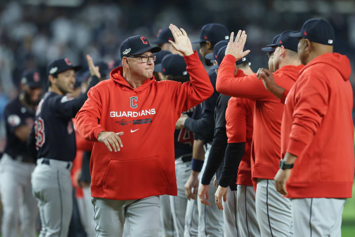 Oct 11, 2022; Bronx, New York, USA; Cleveland Guardians manager Terry Francona is introduced before game one of the ALDS against the New York Yankees for the 2022 MLB Playoffs at Yankee Stadium. Mandatory Credit: Brad Penner-USA TODAY Sports